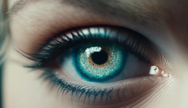 A close up of a blue eye with a green eye