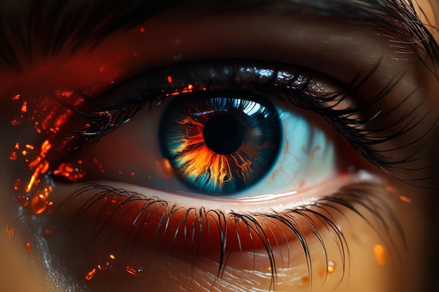 Close up of blue eye with orange and yellow iris generative ai