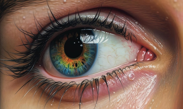 A close up of a blue eye with a pink eye