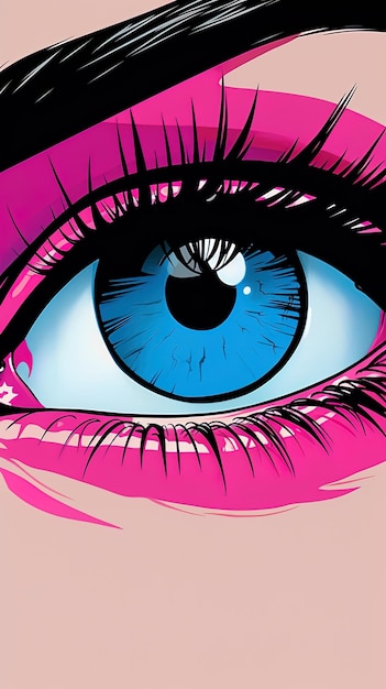 a close up of a blue eye with a pink iris