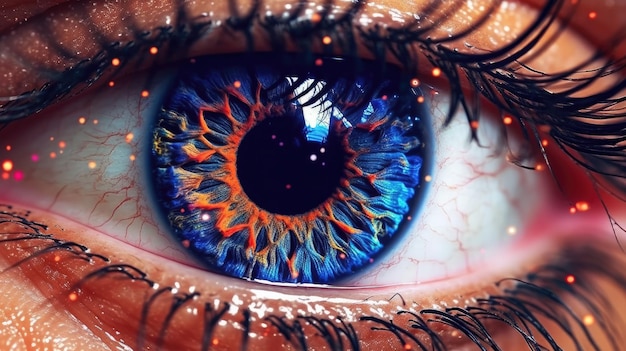 A close up of a blue eye with the word eye on it