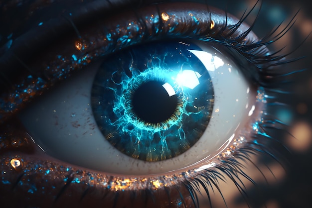 A close up of a blue eye with the word eye on it