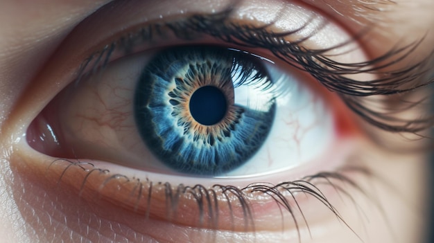 A close up of a blue eye with the word eye on it