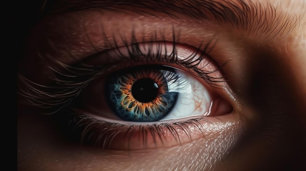 itgenerative ai 上の「目」という単語を持つ青い目のクローズ アップ