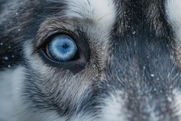 Photo close up on blue eyes of a husky dog