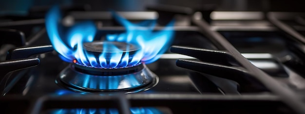 Close up of a blue flame on a gas stove copy space Created using generative AI technology