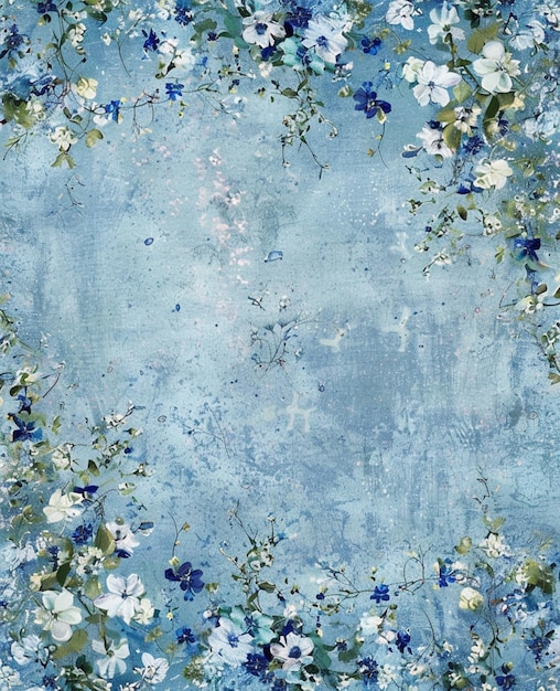 a close up of a blue floral background with a border of flowers generative ai