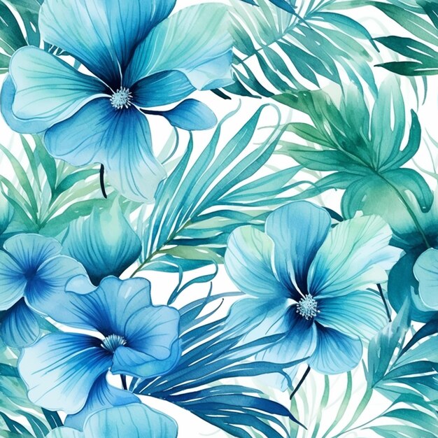 Близкий взгляд на синий цветок и пальмовые листья на белом фоне
