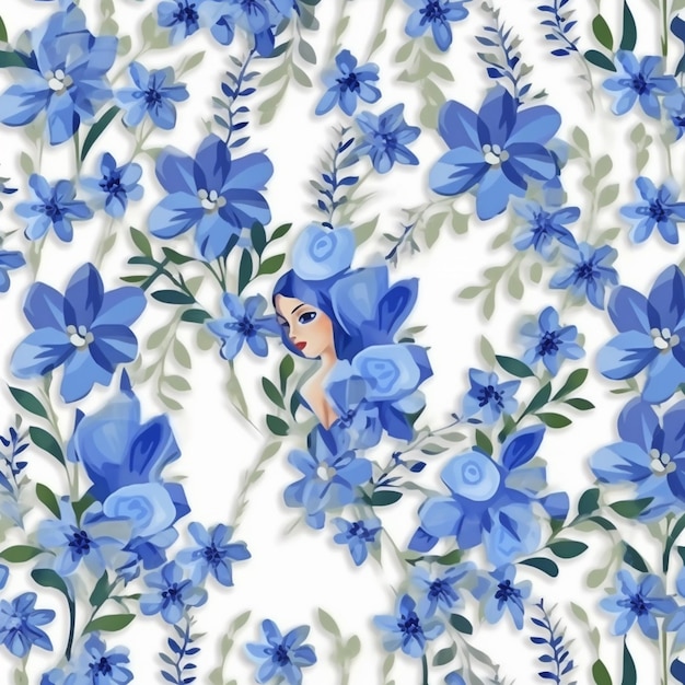 A close up of a blue flower pattern with a fairy generative ai