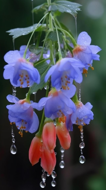 A close up of blue flowers with dew drops on them