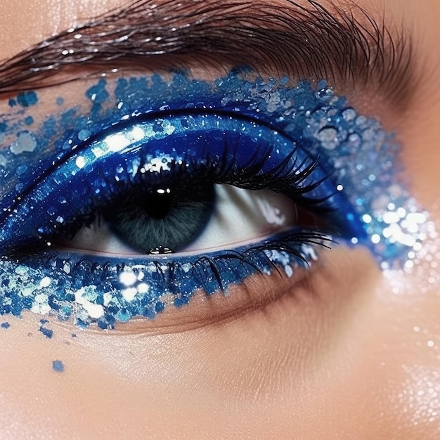 A close up of a blue glitter eye makeup