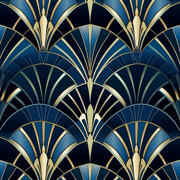a close up of a blue and gold art deco wallpaper generative ai