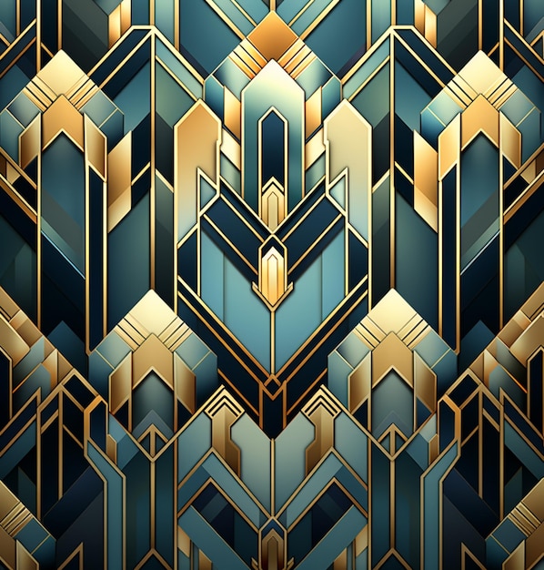 a close up of a blue and gold art deco wallpaper generative ai