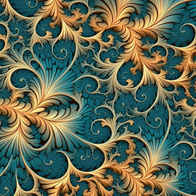 A close up of a blue and gold background with swirls generative ai