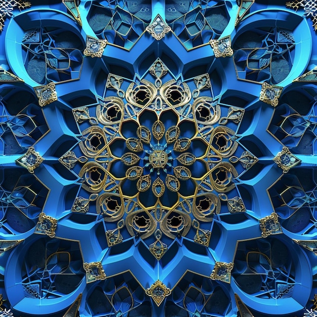 a close up of a blue and gold design on a wall generative ai