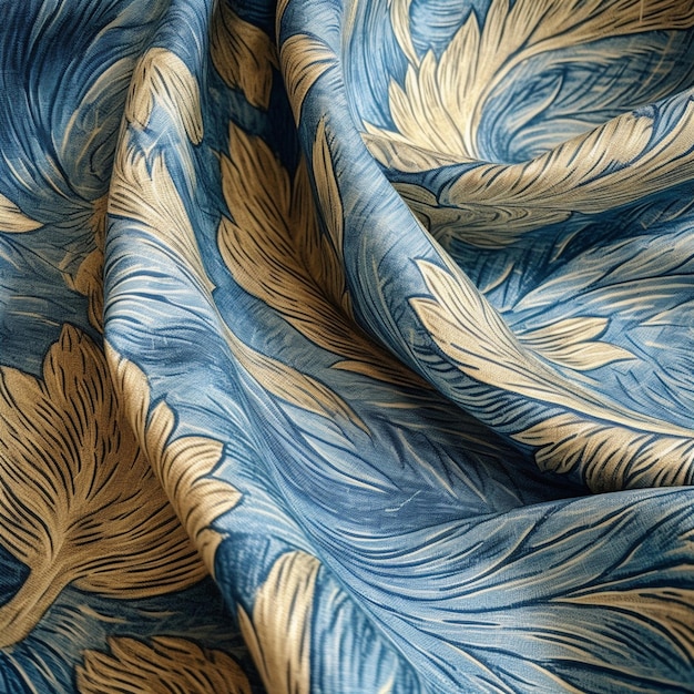 A close up of a blue and gold fabric with a leaf pattern generative ai