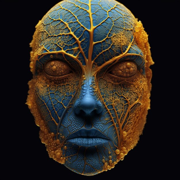 a close up of a blue and gold face with a tree on it generative ai