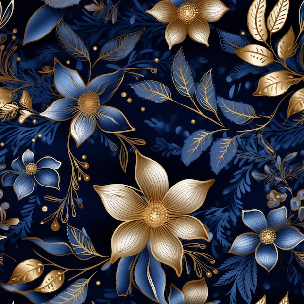 a close up of a blue and gold floral background with leaves generative ai