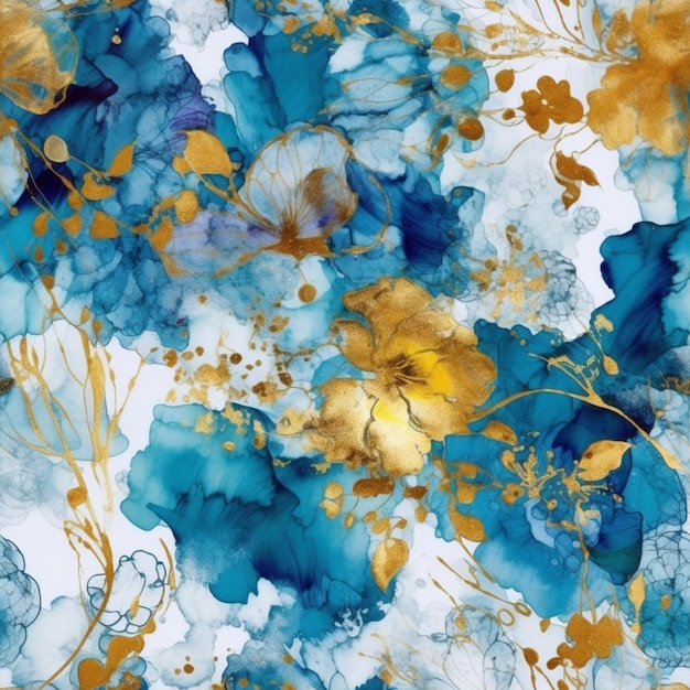 A close up of a blue and gold floral print fabric generative ai