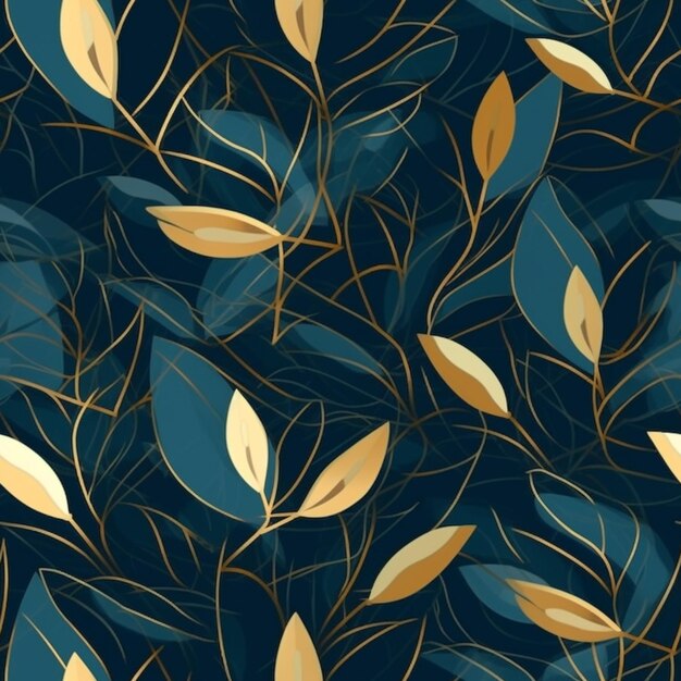 Photo a close up of a blue and gold leaf pattern generative ai