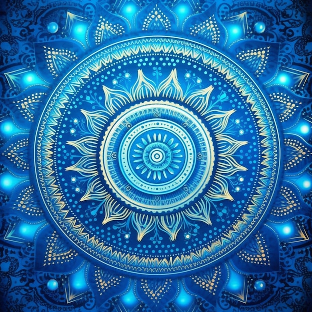 A close up of a blue and gold mandal pattern generative ai
