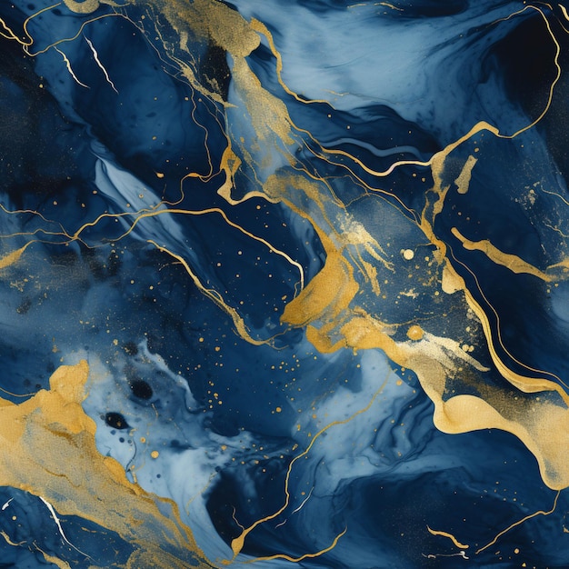 A close up of a blue and gold marble with gold accents generative ai