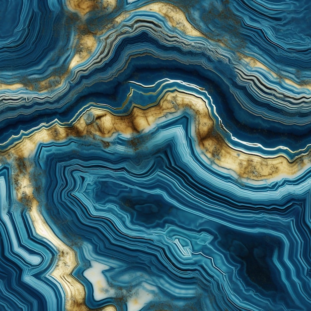 A close up of a blue and gold marble with a gold edge generative ai