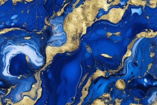 A close up of a blue and gold marble with a gold leaf generative ai