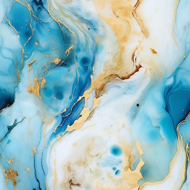 A close up of a blue and gold marble with a white background generative ai
