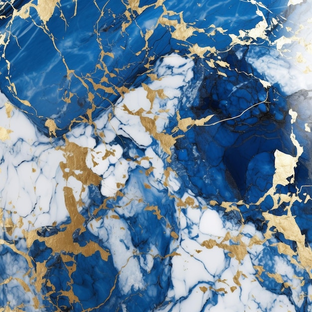 a close up of a blue and gold marble with a white cloud generative ai
