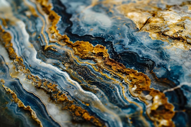 a close up of a blue and gold marble