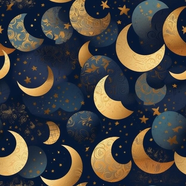 a close up of a blue and gold moon and stars pattern generative ai