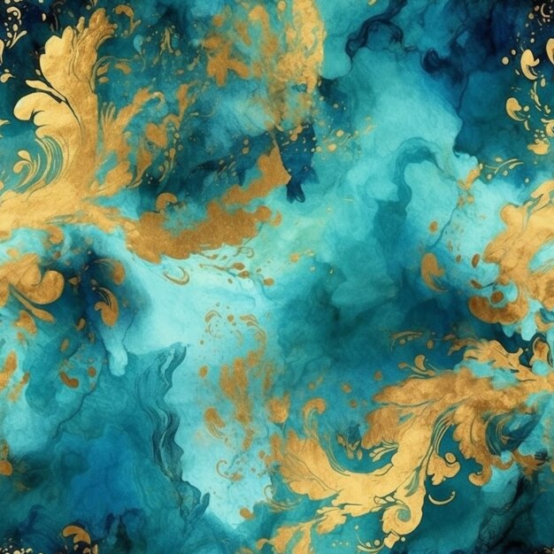 A close up of a blue and gold painting with gold leaves generative ai