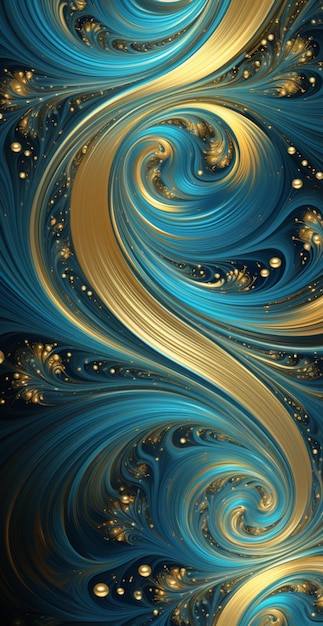 a close up of a blue and gold swirl with bubbles generative ai