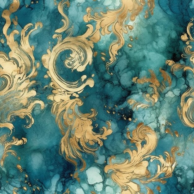 A close up of a blue and gold wallpaper with a pattern generative ai