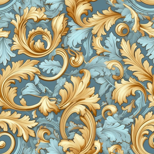 A close up of a blue and gold wallpaper with a pattern of leaves generative ai