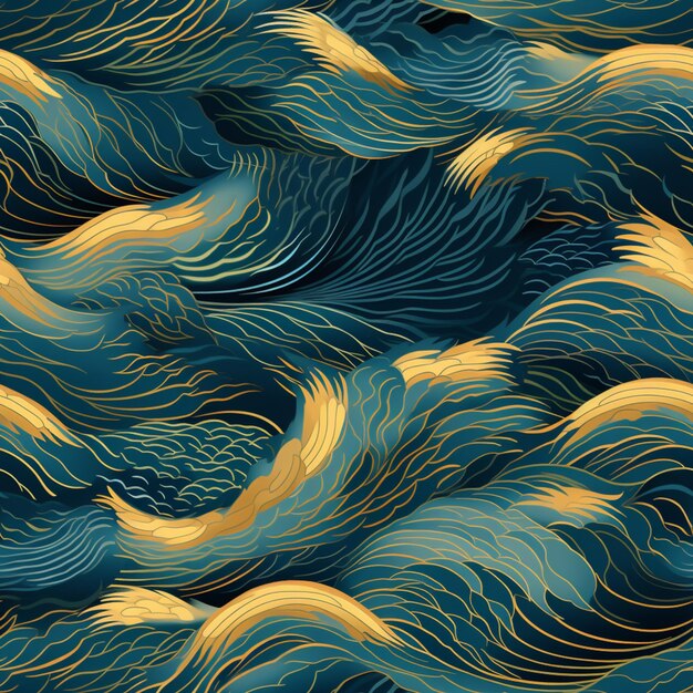 a close up of a blue and gold wave pattern with a white boat generative ai