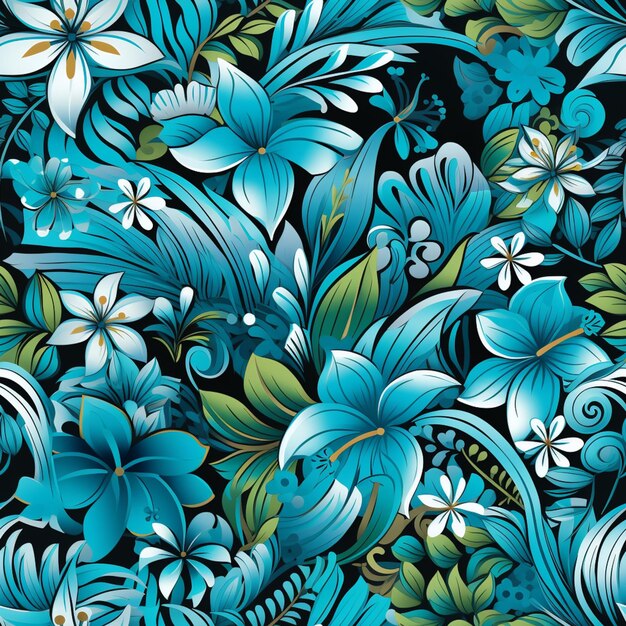 A close up of a blue and green floral pattern on a black background generative ai