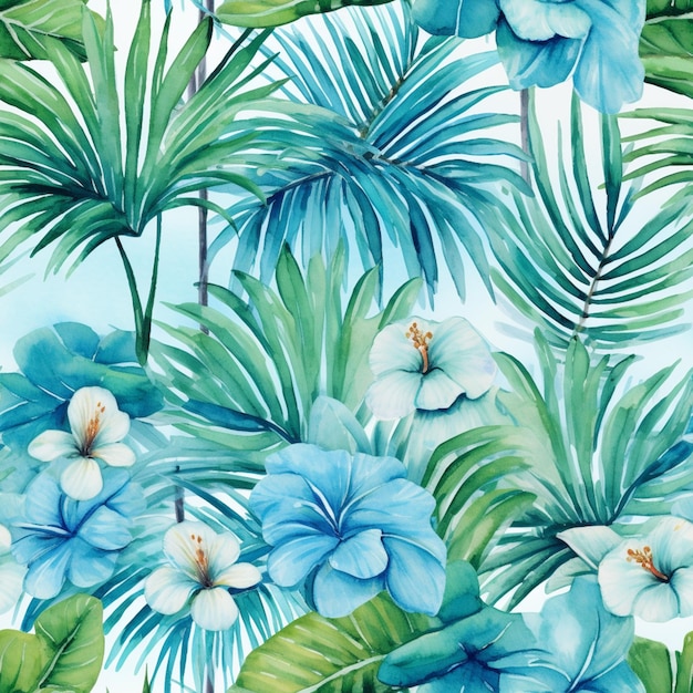 a close up of a blue and green tropical print with flowers generative ai