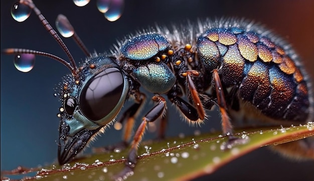 A close up of a blue and green wasp with the word insect on it