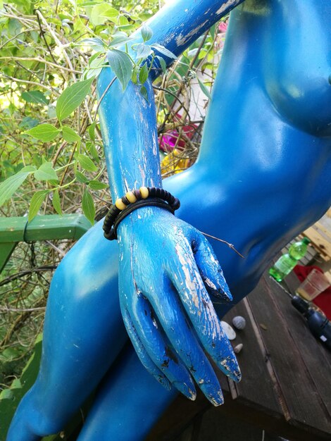 Close-up of blue hanging outdoors