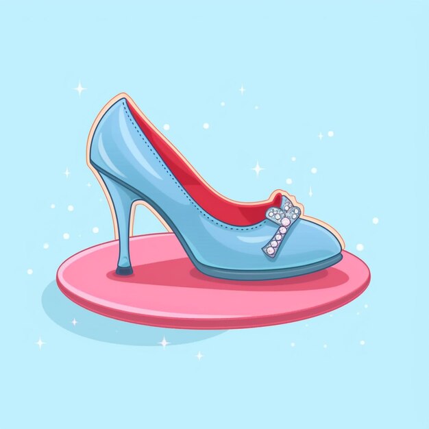 A close up of a blue high heel shoe with a bow on a pink platform generative ai