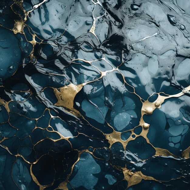 a close up of a blue marble surface with gold paint