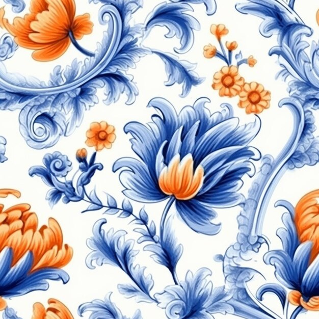 A close up of a blue and orange flower pattern on a white background generative ai