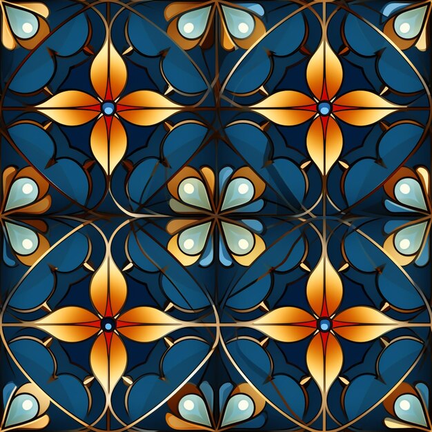 A close up of a blue and orange tiled wall with a flower generative ai