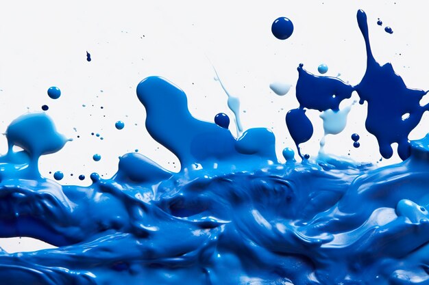Close up of blue paint shapes on white background with copy space ai generative