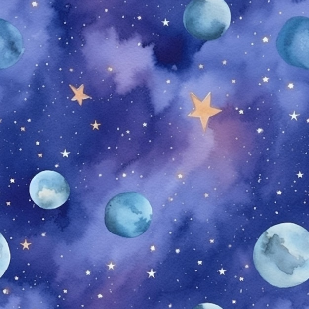 a close up of a blue and purple background with stars and planets generative ai