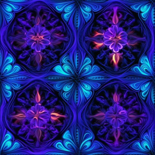 a close up of a blue and purple flower on a black background generative ai