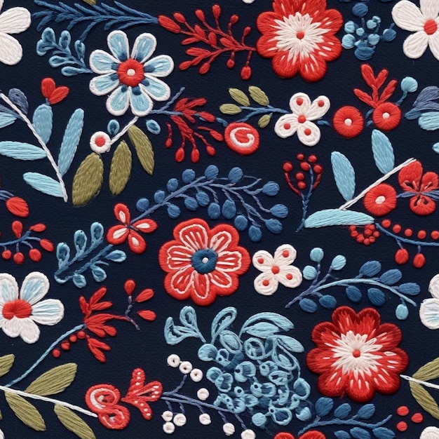 a close up of a blue and red floral fabric with red and white flowers generative ai