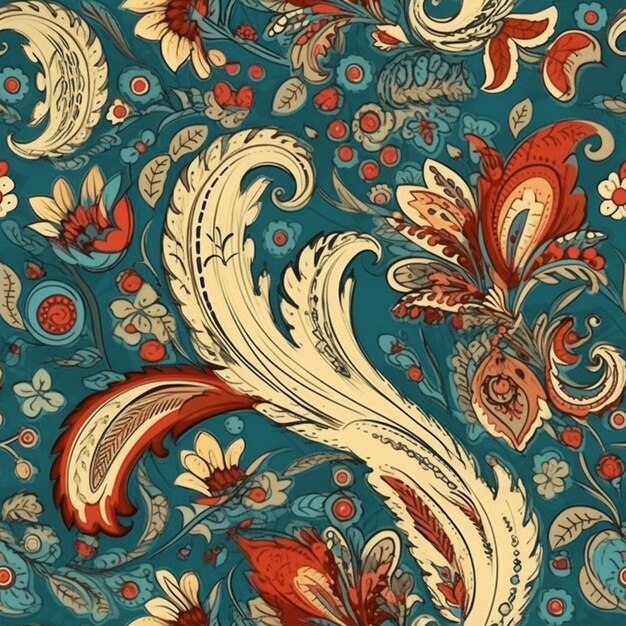 a close up of a blue and red floral pattern generative ai